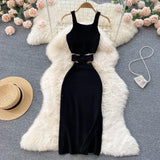 Women 2022 White Pencil Dress Tank Sleeve V Neck Bodycon Sexy Vestidos Kpop Vintage Elastic Knitted Female Summer Midi