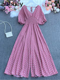 dot holiday casual wide leg jumpsuits V Neck Puff Sleeve Waist Elastic Rompers loose beach long
