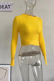 Fashion Women's Knitted Pullover Round Neck Slim Solid Color Hem Gross Cut Out Long Sleeve Sweater Autumn 2023 New