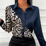 ZANZEA Autumn Women Full Sleeve Blouse Blusa Leopard stitching Lapel Chemise Bohemian Fashion Elegant Work OL Party Retro