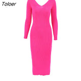 Autumn Winter Sweater Dress Casual 2022 V-Neck Elegant Knitted Women Dresses Long Sleeve Bodycon Midi Dress
