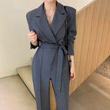 Notched Collar Double Breasted Playsuits Long Pants Chic Sashes Office OL High Waist Slim Retro Jumpsuit