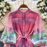 Spring Dress Women's New Dress Elegant Collar Lantern Sleeves To Close The Waist Print Lotus Leaf Side