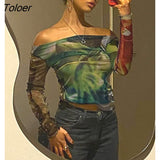 Printed Mesh Sheer Crop Top Womens Summer Off The Shoulder Long Sleeve T Shirts Sexy See Through Streetwear Y2K Tops