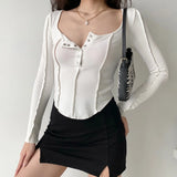 Sexy Button Up Slim T Shirt Women Long Sleeve Irregular Crop Top Korean Fashion Ribbed Skinny Tee Shirt Chic