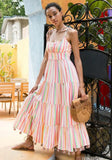 Printed Sweet Strap Sleeveless Striped Print Ruffles Midi A-line Holiday Smock