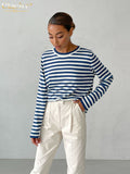 Fashion Blue Stripe Tee Women T-Shirts Winter O-Neck Long Sleeve T Shirt Elegant Loose Knit Sweater Female Clothing