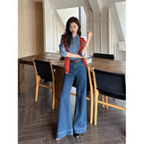 Kong Style Retro Dark Blue Loudspeaker Jeans Women 2025 Spring And Autumn High Waist Hanging Feeling Drag Broad Legs Long