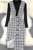 Fashion Women 2 Piece Set Autumn Winter Long Sleeve Pullover Sweater Top + Plaid Tweed Pencil Dress Suits Elegant