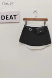 Fashion Women Mini Skirt Low Elastic Folds Contract Color Zipper Spliced Slim Cotton Skirts Summer 2023 New Tide