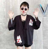 2023 Japanese Kimonos Cat Print Cardigan Harajuku Loose Kimono Pink Blouses feminino Outerwear Shirts Women Coats