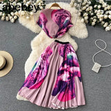 Vacation Beach 2pcs Set Women Floral Printed Short Sleeve Tops And High Waist Pleated Long Skirt Suit Spring