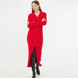 Free Shipping Autumn Bodycon Dress Sweater Knitted Green Women Sexy Midi Split V Neck Long Sleeve Casual Dresses Party