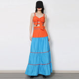 Patchwork Colorblock Two Piece Set Women V Neck Sleeveless Tops High Waist Loose Ankle Length Skirt Female Sets