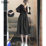 Casual Short Sleeve Dress Women V-neck Batwing Sleeve A-line Draped Office Ladies Summer Korean Style Knee-Length