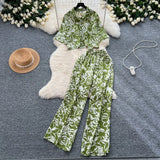 Light Style Suit Women's Fashion With Loose Short Print Shirt + High Waist Display Thin Leg