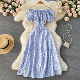 Women Floral Dress bohemian A-Line slash neck short sleeves dress summer vintage beach off shoulder Polka Dot