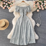Women Floral Dress bohemian A-Line slash neck short sleeves dress summer vintage beach off shoulder Polka Dot