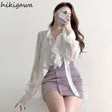 Temperament Skirt Suit Fashion 2 Piece Set for Women Thin Bandage Bow Shirt Bodycon Mini Skirts Outfits Fashion Korean