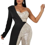 New Jumpsuit Women Fashion Sequins Patchwork Short Sleeve Slim Bodycon Outfits Lady Elegant Sexy One Piece Party