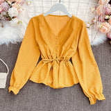 New Spring Fashion All-match V-neck flared sleeve Shirt lace up waist slim dot Long Sleeve Shirt