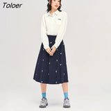Women Shirts 2022 Autumn Long Sleeve Polo Neck Blouse Pattern Embroidery White Blue Chic Casual Streetwear