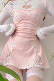 Lace Patchwork Dress Pink Sleeveless Kawaii Sundress Sweet Japanese Style Aesthetic Outfit Y2K Beach Outfit Sexy