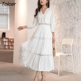 2023 Spring Summer Dress Women Cotton Patchwork Lace Dresses V-Neck Lantern Sleeve Maxi Dress Beach Long Female