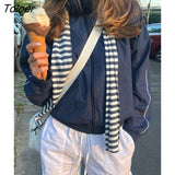 Casual Solid Loose Thin Jackets American Retro Side Stripe Sporty Outwear Autumn Streetwear Pockets Up Zipper