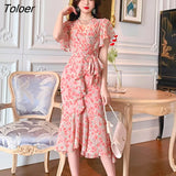 Summer Vintage Ruffle Beach Holiday Midi Dress Ladies Streetwear Elegant Casual Floral Print French Romantic Wrap