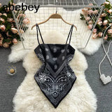Treny Print Top Women's Sexy Backless Strap Camis Scarf Tie Crop Top Beach Holidays Sexy All-matching Summer
