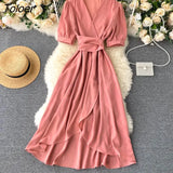 Lace-up Green Dress Women Summer 2023 Short Sleeve Ruffle Solid Woman Dress V Neck Irregular Casual Long Dresses