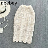 New Ladies Hollow Out Solid Color Elastic Waist Crocheted Skirt With Drawstring