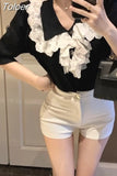 Knit Tshirts Women Peter Pan Collar Puff Sleeve Tees Patchwork Lace Fashion Vintage T Shirt Korean Summer T Shirt