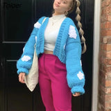 Bohemian Women Cardigan Tops three-dimensional Pattern Hand knitted Sweater V-Neck Puff Sleeve Loose Winter Sweaters