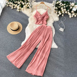Summer Women Pleated Two Piece Set Sexy Female Criss Cross Twist Strap Tops + High Waist Draped Pants Beach Suits Vacation