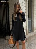 Casual Loose Black Satin Dress Ladies Fashion O-Neck Long Sleeve Mini Dress Elegant Simple Office Lady Dresses For