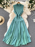 Summer Women Pleated Long Dress Vintage Stand Collar Sleeveless High Waist Draped Patchwork Vestidos Female Green/Red Robe