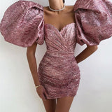 Graduation Party Gift Pink Bling Short Evening Dresses Sweetheart Glitter Puff Short Sleeeves Formal Party Vestidos De