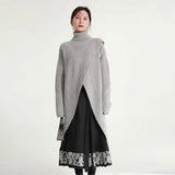 Gray Long Big Size Slit Knitting Sweater Turtleneck Long Sleeve Women Pullovers New Fashion Autumn Winter 2022