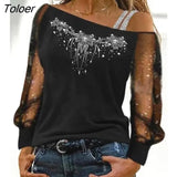 for Women 2023 Casual Daily T-shirts Glitter Sheer Mesh Long Sleeve Top Fashion Ladies Blouses Europe and America