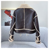 2022 Fur Locomotive Vintage Riding Winter Women's Jacket Long Sleeved Lapel Padded Warm Black Zip Chic Female Coat