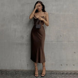 Fashion Backless Bandage Dresses Women Heap Collar Strapless Sexy Dress Sling Party Dress Satin Silk Bodycon Dress
