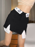 Grunge Y2k Black Mini Skirt Women Chic Flanging Printed High Waist Irregular Patchwork Split Pencil Skirt Streetwear