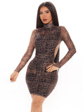 Winter Sexy Black Snake Printed high Neck Cutout Bodycon