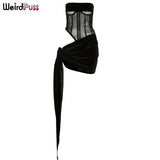 Puss Sexy Women Skinny 2 Piece Set Velvet Patchwork Mesh Corsets Top+Bandage Skirts Matching Suit Activity Clubwear