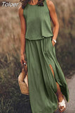 Summer Women Loose Sleeveless Long Dress Solid Color O Neck Slit Vestidos Midi Elegante Branco Office Lady