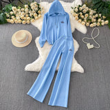 Wind Pink Tie With Thin Hooded Knitted Long-Sleeved Sweater High-Rise Broad Leggings Embroidery