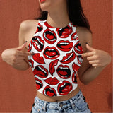 O-Neck Lip Print Short Crop Tank