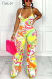 Color Block Print Rompers Spaghetti Strap Open Back Sleeveless High Waist Wide Leg Jumpsuits for Women Fashion